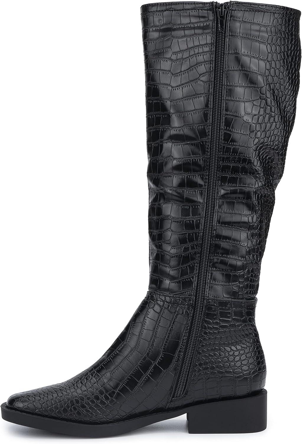 imageOlivia Miller Womens Fashion Shoes PU Faux Crocodile Leather Side Zipper Slip On Casual Classic Knee High Riding Plain Toe Boots
