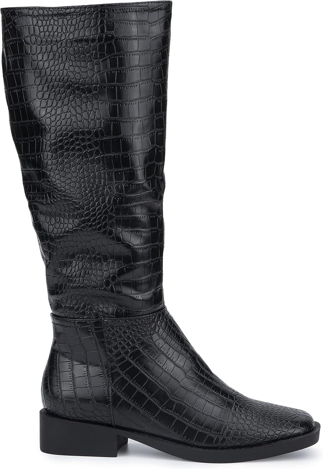 imageOlivia Miller Womens Fashion Shoes PU Faux Crocodile Leather Side Zipper Slip On Casual Classic Knee High Riding Plain Toe Boots