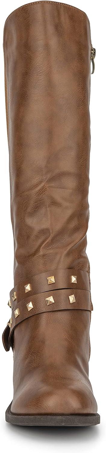 imageOlivia Miller Womens Fashion Shoes PU Faux Leather Side Zipper Elastic Slip On Studded Strappy Casual Classic Knee High Riding Round Toe Boots