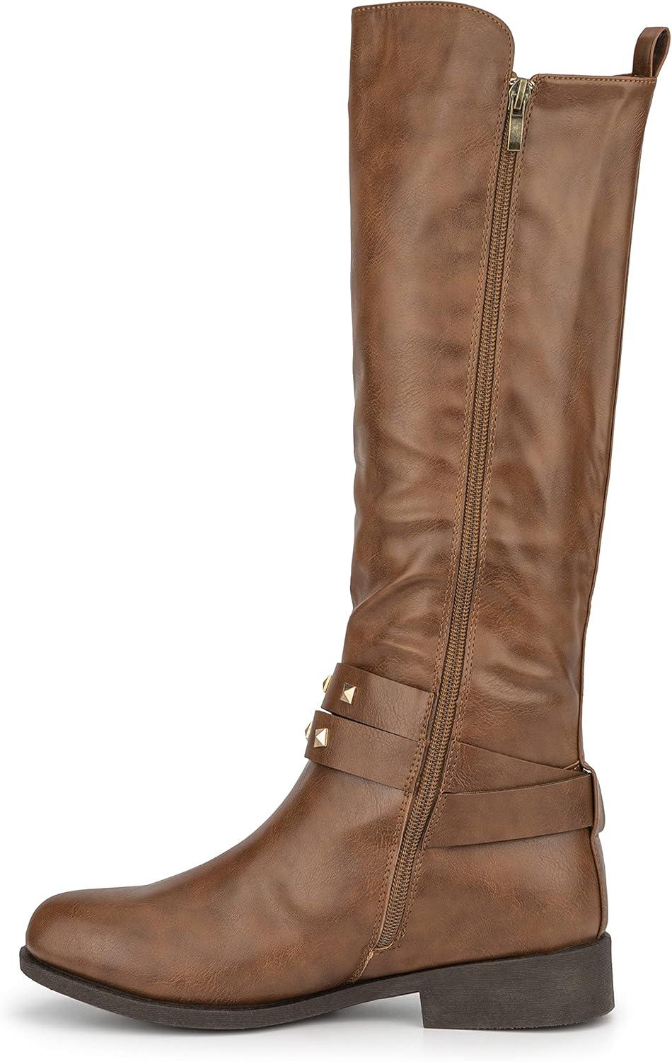 imageOlivia Miller Womens Fashion Shoes PU Faux Leather Side Zipper Elastic Slip On Studded Strappy Casual Classic Knee High Riding Round Toe Boots