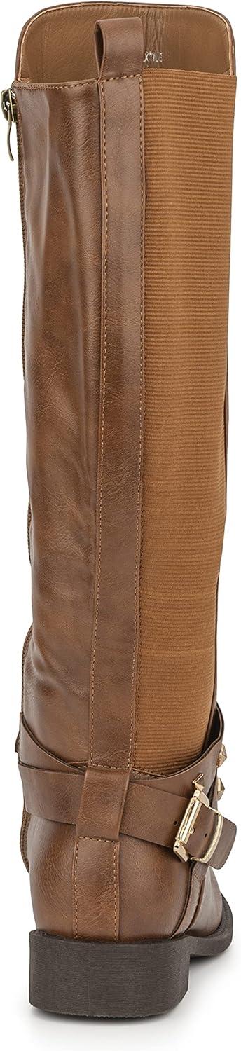 imageOlivia Miller Womens Fashion Shoes PU Faux Leather Side Zipper Elastic Slip On Studded Strappy Casual Classic Knee High Riding Round Toe Boots