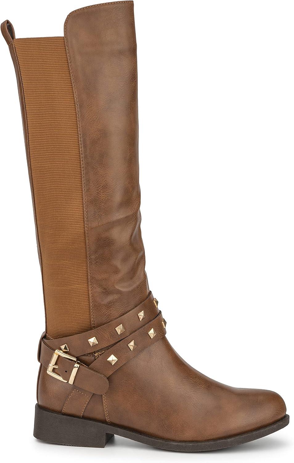 imageOlivia Miller Womens Fashion Shoes PU Faux Leather Side Zipper Elastic Slip On Studded Strappy Casual Classic Knee High Riding Round Toe Boots