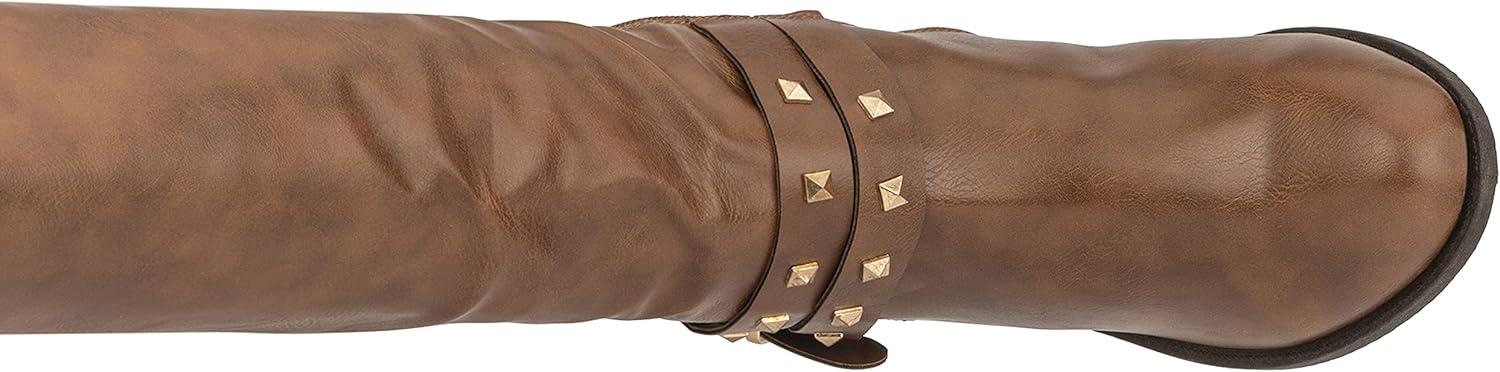 imageOlivia Miller Womens Fashion Shoes PU Faux Leather Side Zipper Elastic Slip On Studded Strappy Casual Classic Knee High Riding Round Toe Boots