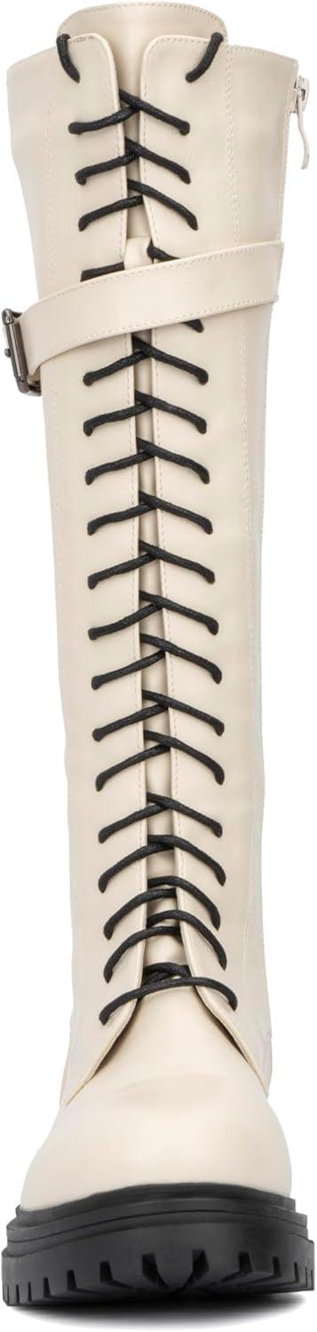 imageOlivia Miller Womens Fashion Shoes Simonetta Faux PU Leather w Side Zipper Lug Sole Lace Up Chunky Block Heel Round Toe Casual Classic Combat Knee High Boots