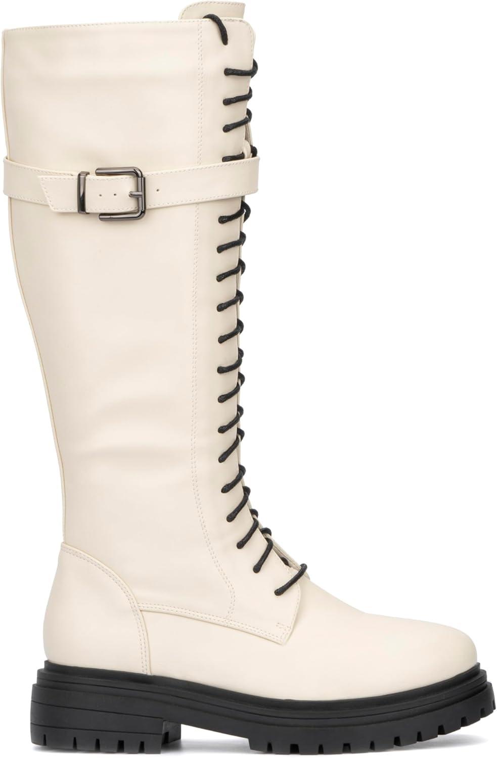 imageOlivia Miller Womens Fashion Shoes Simonetta Faux PU Leather w Side Zipper Lug Sole Lace Up Chunky Block Heel Round Toe Casual Classic Combat Knee High Boots