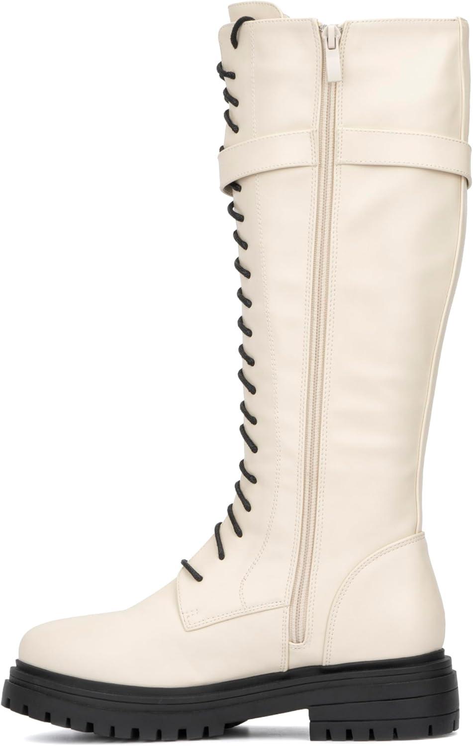 imageOlivia Miller Womens Fashion Shoes Simonetta Faux PU Leather w Side Zipper Lug Sole Lace Up Chunky Block Heel Round Toe Casual Classic Combat Knee High Boots