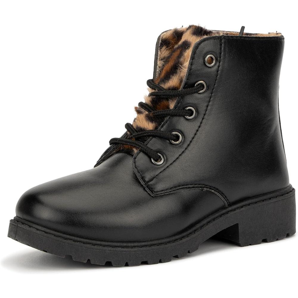 imageOlivia Miller Kids Girl Fashion Shoes Faux PU Leather Lug Sole Chunky Heel Lace Up Round Toe Winter Snow Casual Classic Combat Bootie Ankle Boots