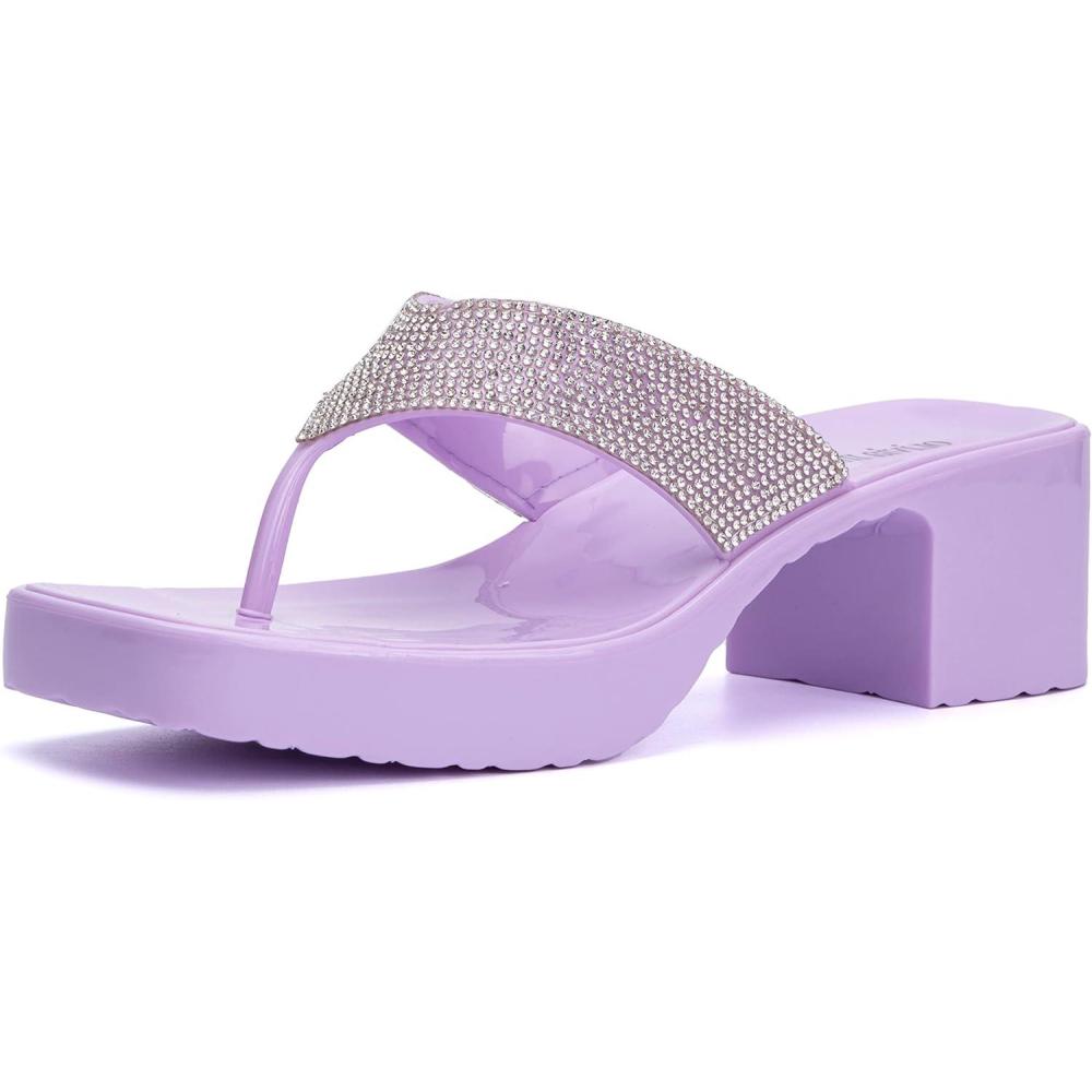 imageOlivia Miller Womens Fashion Ladies Shoes PVC Jelly Geli w Embellished Glitter Rhinestones Thong Flip Flops Open Toe Trendy Casual Summer Slide On 2 Inch Low Mid Clear Block Heel SandalsLilac Purple