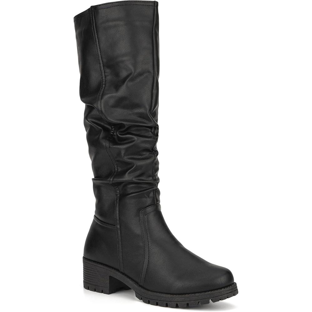 imageOlivia Miller Womens Fashion Shoes Faux PU Leather Side Zipper Lug Sole Chunky Heel Round Toe Casual Classic Knee High Ankle Boots