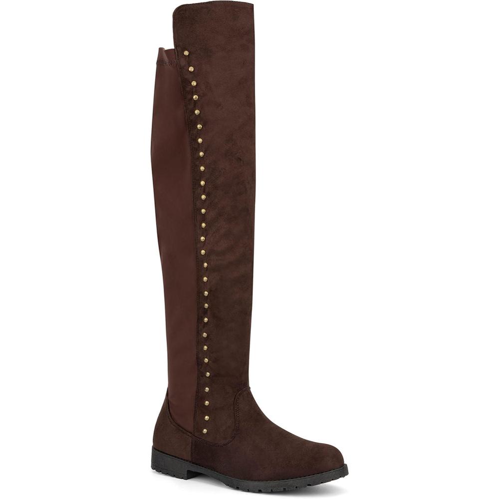 imageOlivia Miller Womens Fashion Shoes Faux PU Leather Side Zipper Lug Sole Round Toe Studded Casual Classic Over the Knee Ankle Boots