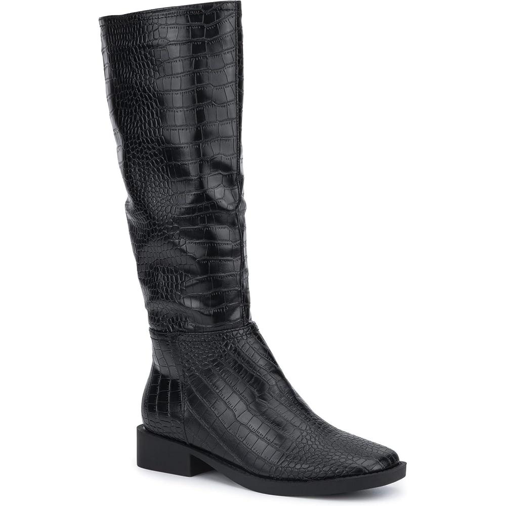 imageOlivia Miller Womens Fashion Shoes PU Faux Crocodile Leather Side Zipper Slip On Casual Classic Knee High Riding Plain Toe Boots