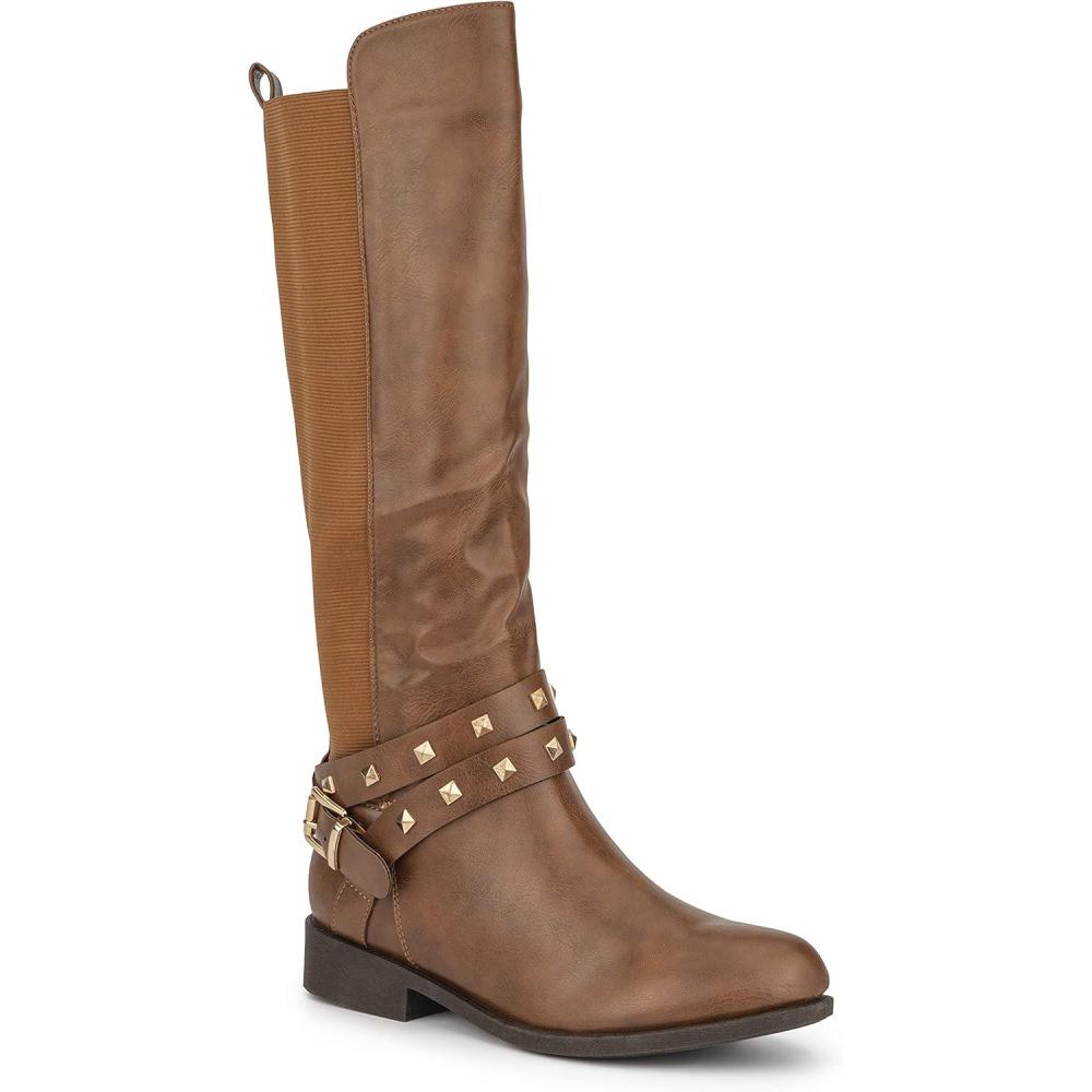 imageOlivia Miller Womens Fashion Shoes PU Faux Leather Side Zipper Elastic Slip On Studded Strappy Casual Classic Knee High Riding Round Toe Boots