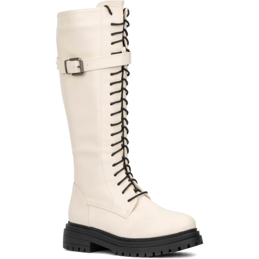 imageOlivia Miller Womens Fashion Shoes Simonetta Faux PU Leather w Side Zipper Lug Sole Lace Up Chunky Block Heel Round Toe Casual Classic Combat Knee High Boots