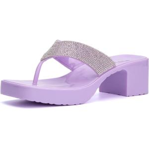 Olivia Miller Women’s Fashion Ladies Shoes, PVC Jelly Geli w Embellished Glitter Rhinestones Thong Flip Flops Open Toe, Trendy Casual Summer Slide On 2 Inch Low Mid Clear Block Heel Sandals(Lilac Purple)