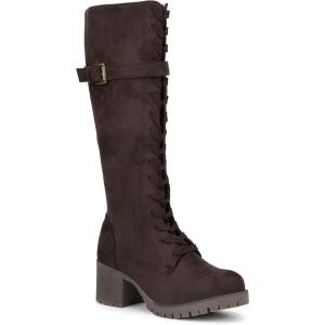 Olivia Miller Women’s Fashion Shoes, Faux PU Leather Side Zipper Lug Sole Lace Up Chunky Block Heel Round Toe Casual Classic Knee High Ankle Boots