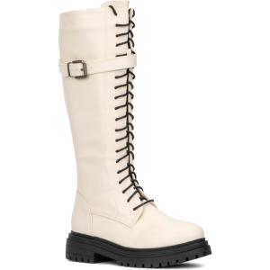 Olivia Miller Women’s Fashion Shoes, Simonetta Faux PU Leather w Side Zipper, Lug Sole Lace Up Chunky Block Heel Round Toe Casual Classic Combat Knee High Boots