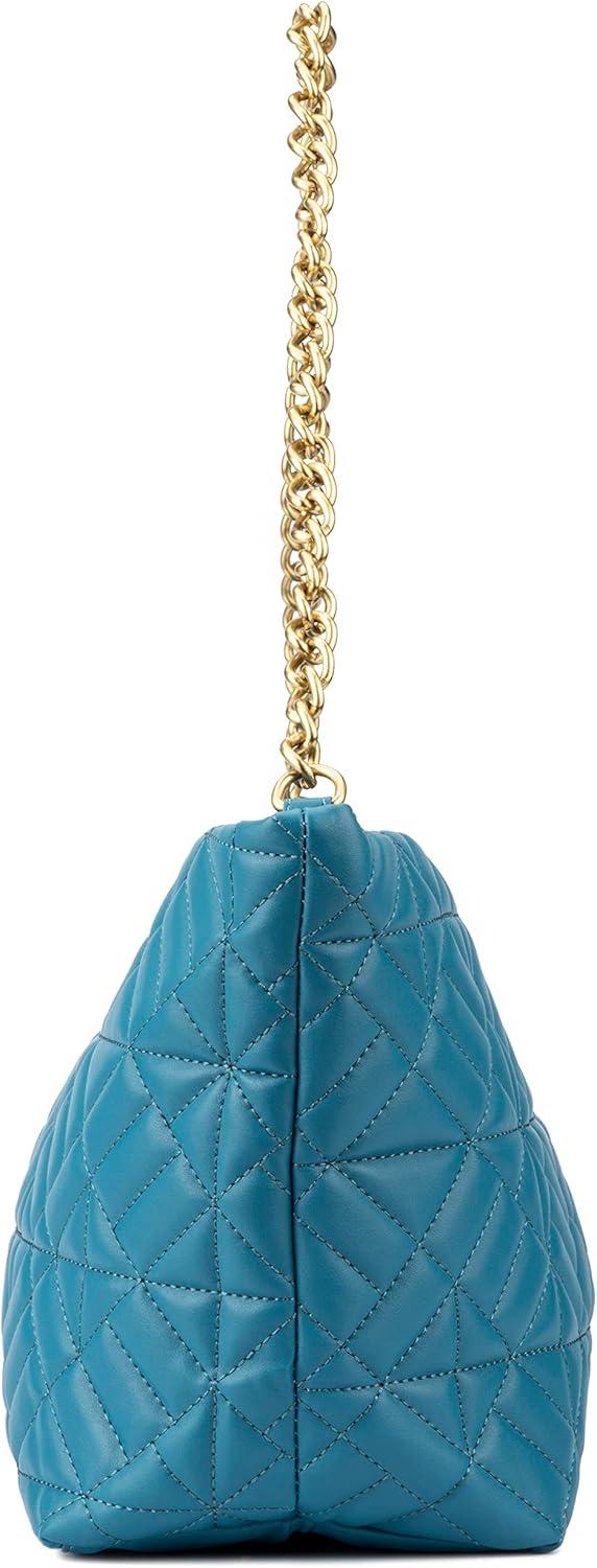 imageOlivia Miller Womens Fashion Mina PVC Quilted Blue Shoulder Tote Bag w Chunky Gold Chain Strap Medium Weekender Casual Purse Handbag