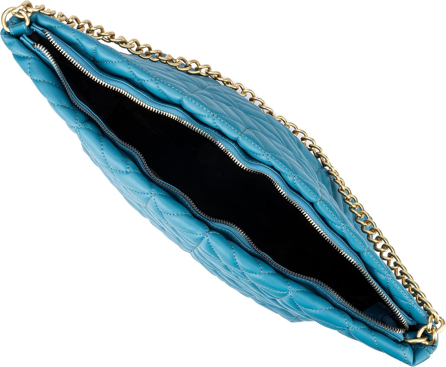 imageOlivia Miller Womens Fashion Mina PVC Quilted Blue Shoulder Tote Bag w Chunky Gold Chain Strap Medium Weekender Casual Purse Handbag