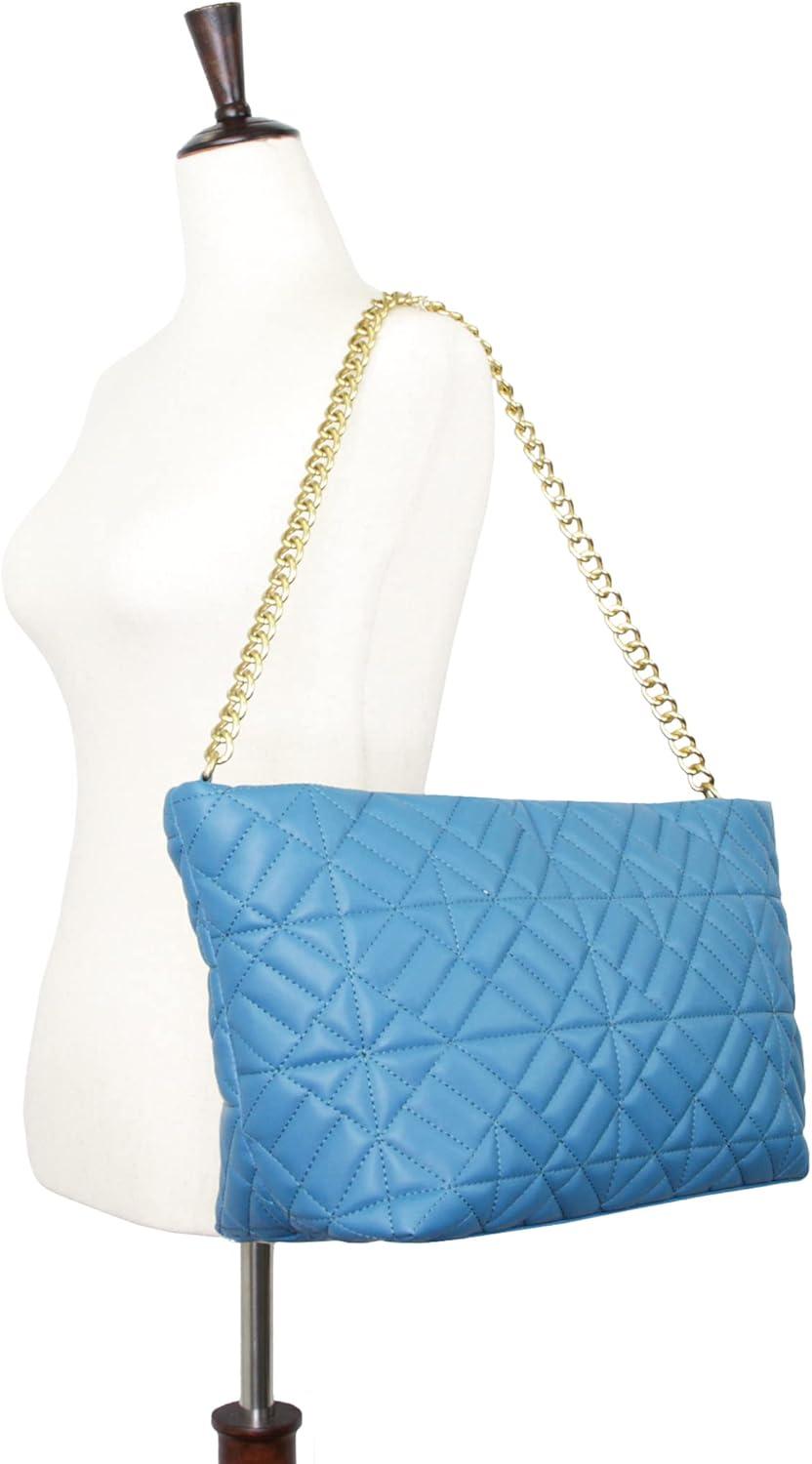 imageOlivia Miller Womens Fashion Mina PVC Quilted Blue Shoulder Tote Bag w Chunky Gold Chain Strap Medium Weekender Casual Purse Handbag
