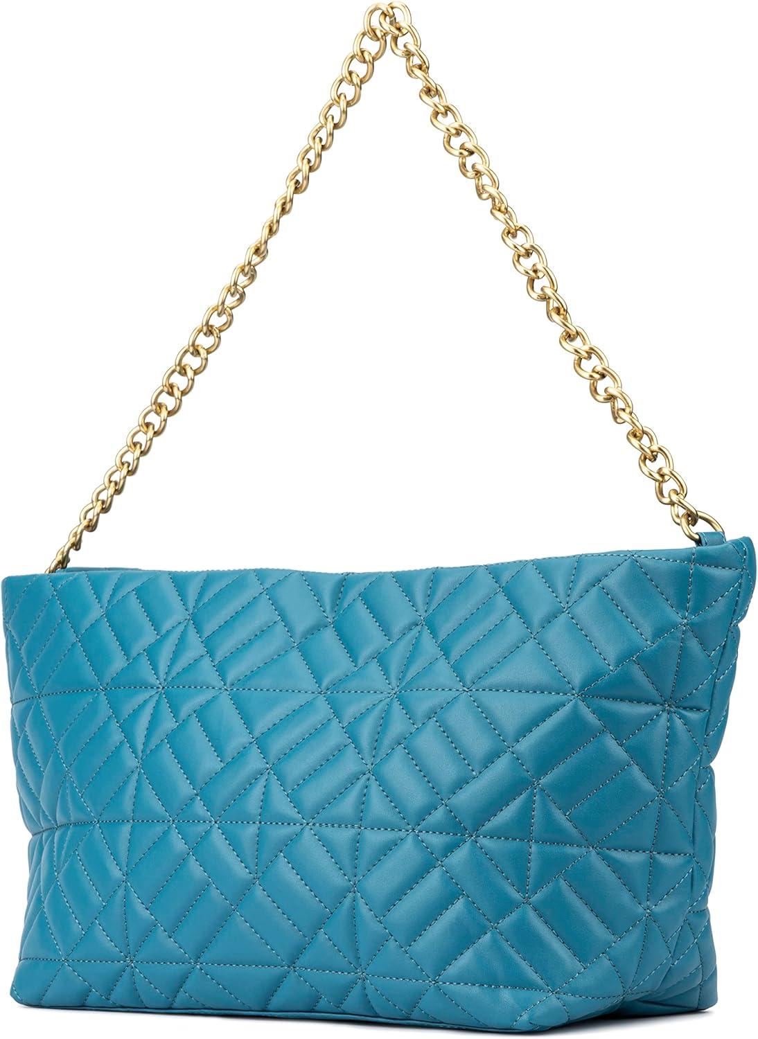 imageOlivia Miller Womens Fashion Mina PVC Quilted Blue Shoulder Tote Bag w Chunky Gold Chain Strap Medium Weekender Casual Purse Handbag