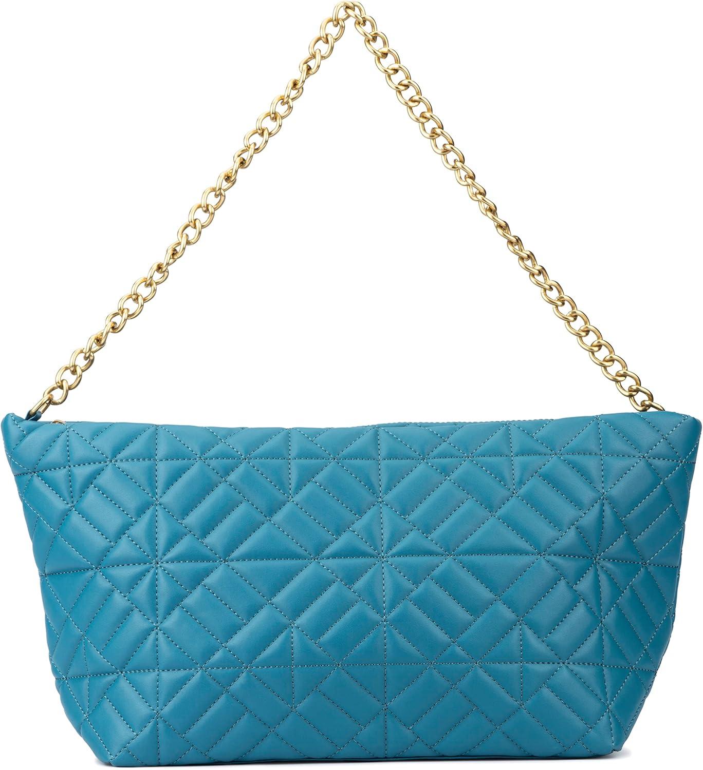 imageOlivia Miller Womens Fashion Mina PVC Quilted Blue Shoulder Tote Bag w Chunky Gold Chain Strap Medium Weekender Casual Purse Handbag