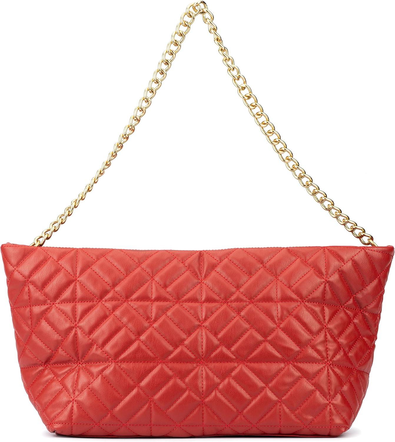 imageOlivia Miller Womens Fashion Mina PVC Quilted Shoulder Tote Bag w Chunky Chain Strap Medium Weekender Casual Purse Handbag