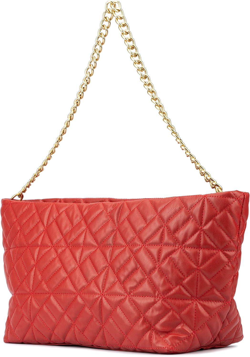 imageOlivia Miller Womens Fashion Mina PVC Quilted Shoulder Tote Bag w Chunky Chain Strap Medium Weekender Casual Purse Handbag