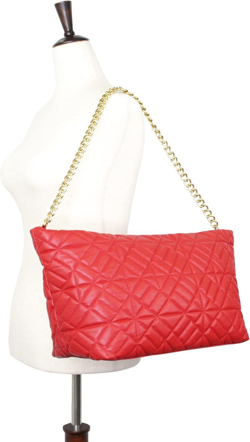 imageOlivia Miller Womens Fashion Mina PVC Quilted Shoulder Tote Bag w Chunky Chain Strap Medium Weekender Casual Purse Handbag
