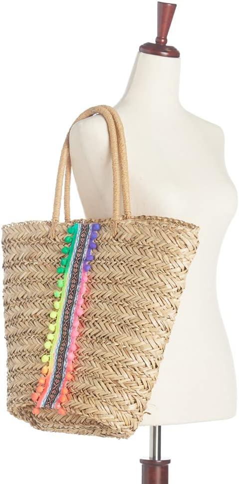 imageOlivia Miller Womens Rosana Natural Beige w Multicolor Fringe Straw Jute Tote Bag w Top Handles Medium Boho Purse Handbag