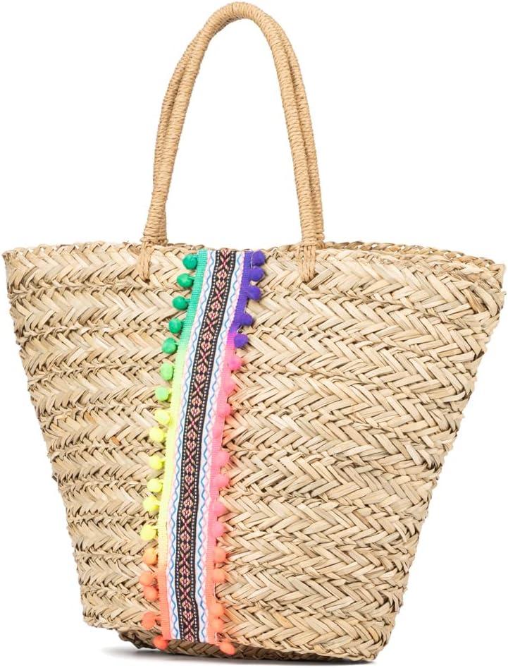 imageOlivia Miller Womens Rosana Natural Beige w Multicolor Fringe Straw Jute Tote Bag w Top Handles Medium Boho Purse Handbag