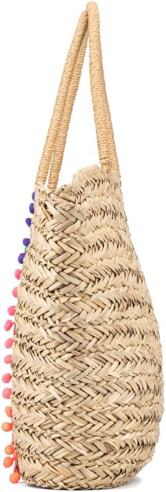 imageOlivia Miller Womens Rosana Natural Beige w Multicolor Fringe Straw Jute Tote Bag w Top Handles Medium Boho Purse Handbag