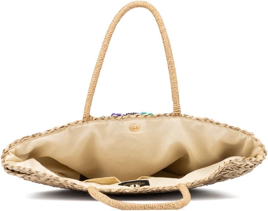 imageOlivia Miller Womens Rosana Natural Beige w Multicolor Fringe Straw Jute Tote Bag w Top Handles Medium Boho Purse Handbag