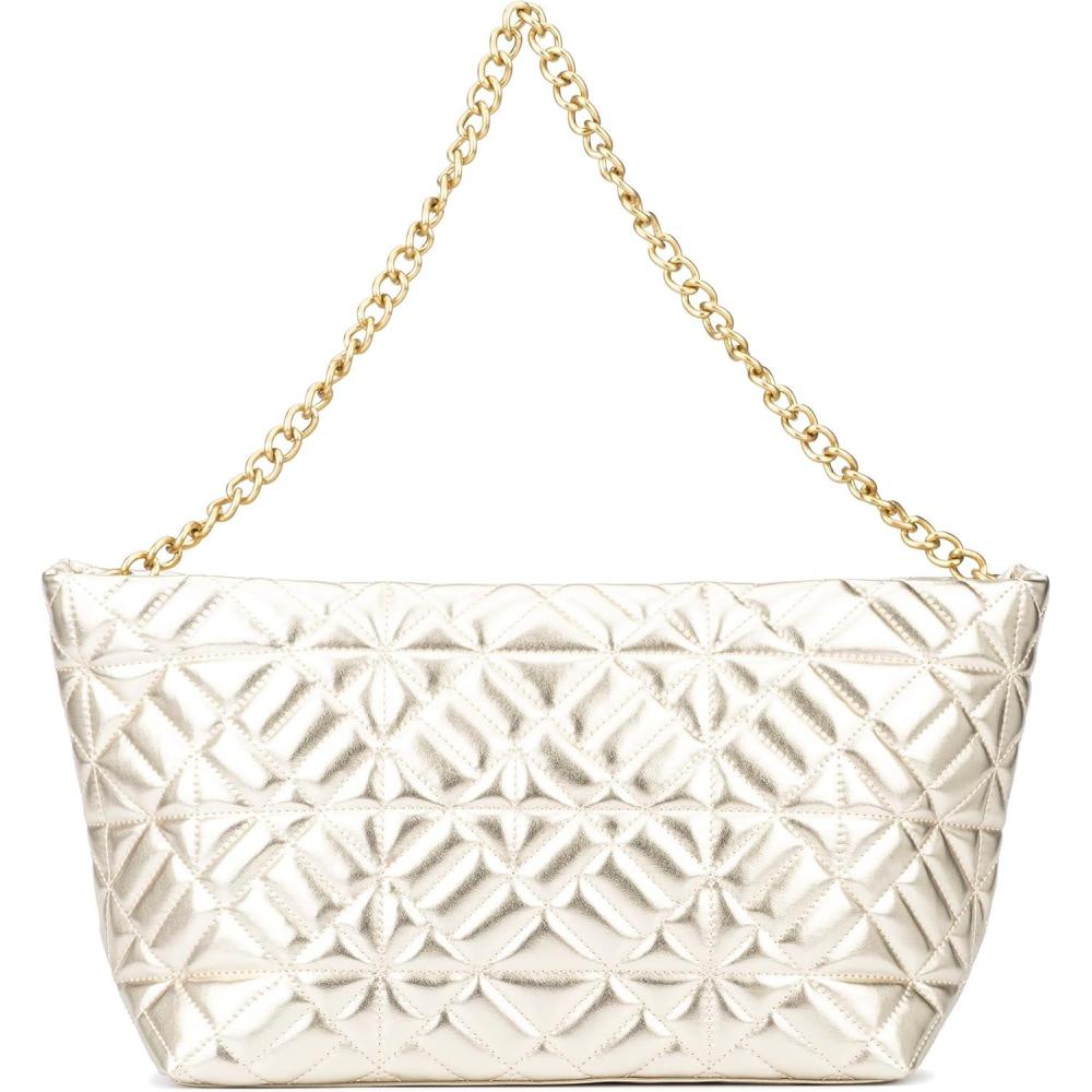 imageOlivia Miller Womens Fashion Mina PVC Quilted Gold Shoulder Tote Bag w Chunky Gold Chain Strap Medium Weekender Casual Purse Handbag