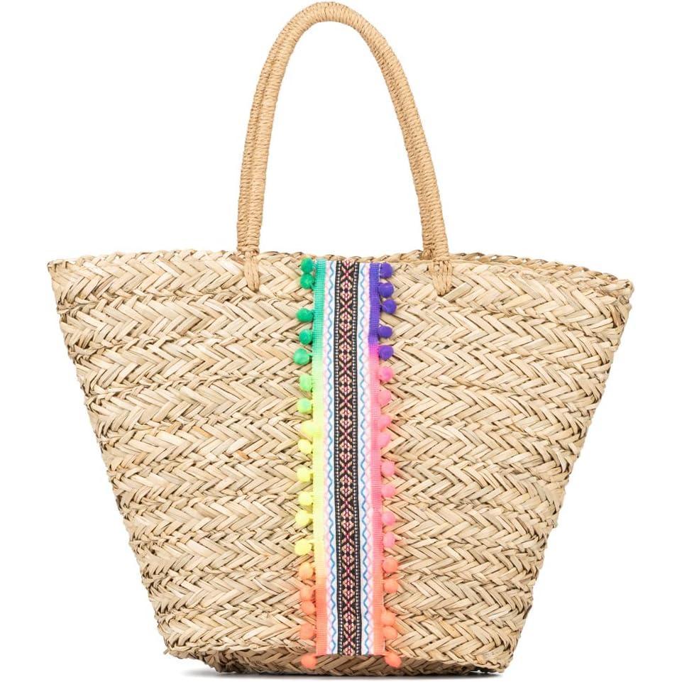 imageOlivia Miller Womens Rosana Natural Beige w Multicolor Fringe Straw Jute Tote Bag w Top Handles Medium Boho Purse Handbag