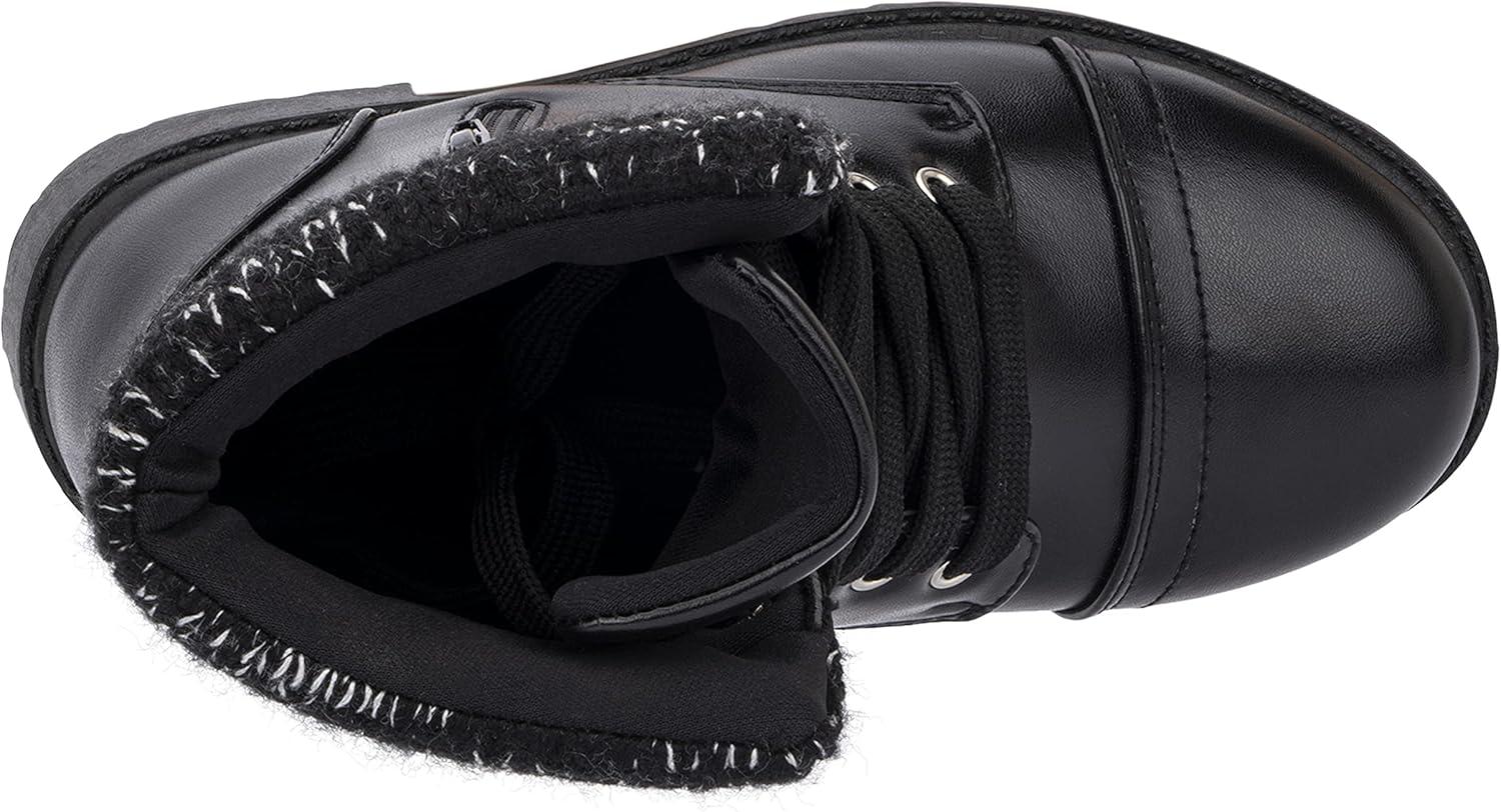 imageOlivia Miller Kids Girl Fashion Shoes Black Faux PU Leather Lug Sole Chunky Heel Lace Up Round Toe Winter Snow Casual Classic Combat Bootie Ankle Boots