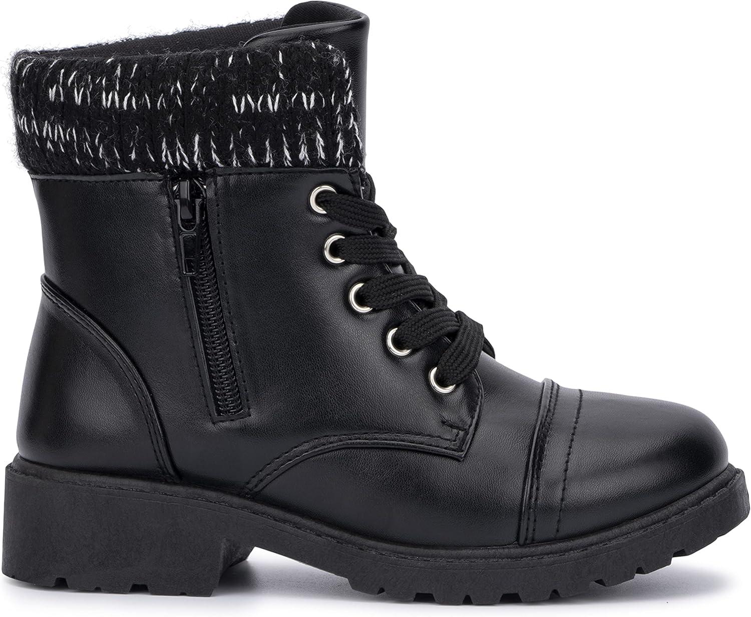 imageOlivia Miller Kids Girl Fashion Shoes Black Faux PU Leather Lug Sole Chunky Heel Lace Up Round Toe Winter Snow Casual Classic Combat Bootie Ankle Boots