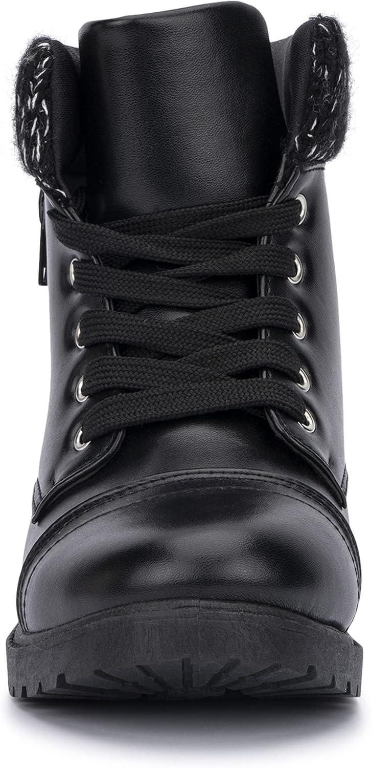 imageOlivia Miller Kids Girl Fashion Shoes Black Faux PU Leather Lug Sole Chunky Heel Lace Up Round Toe Winter Snow Casual Classic Combat Bootie Ankle Boots