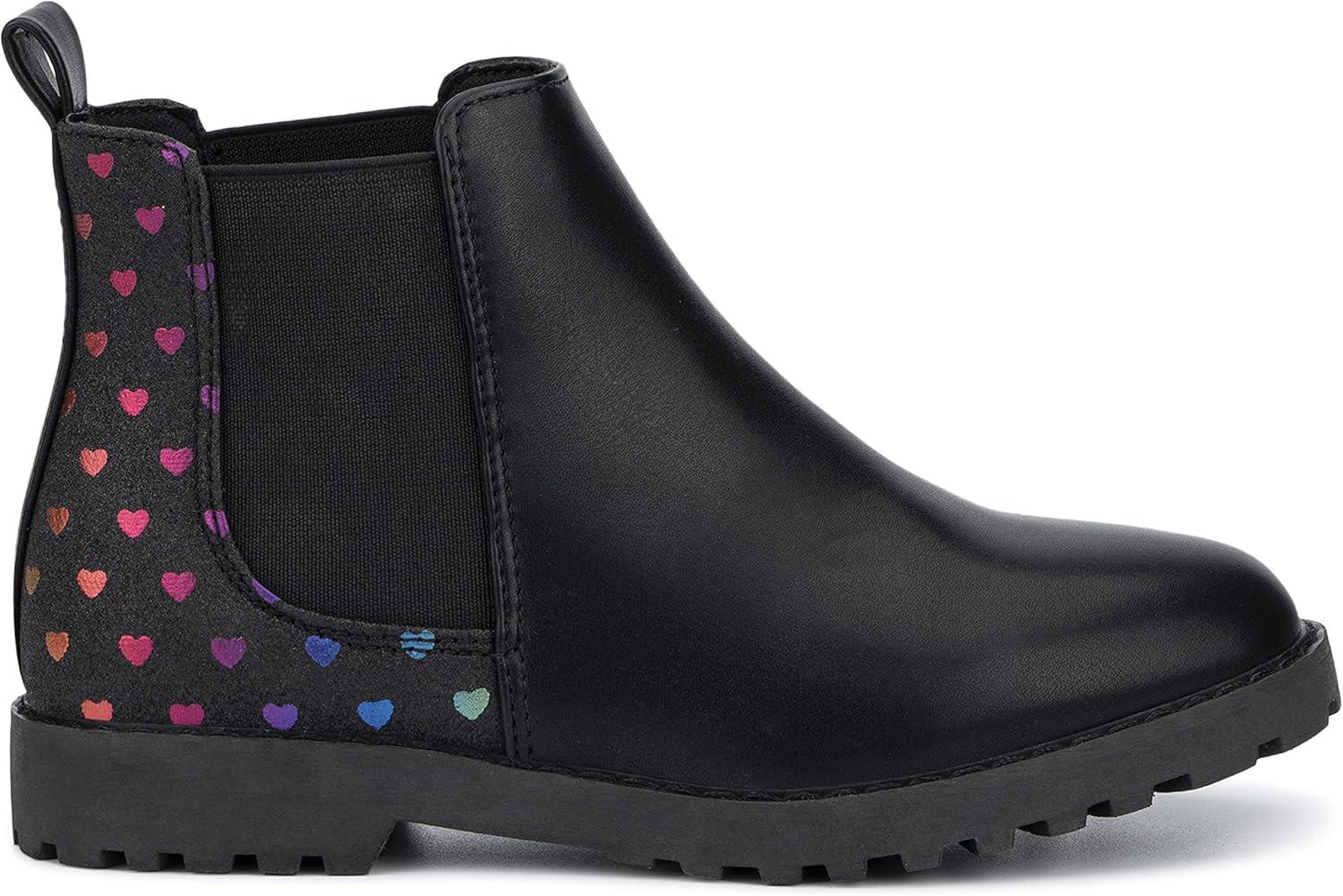 imageOlivia Miller Kids Girl Fashion Shoes Black Faux PU Leather Lug Sole Pull On Round Toe Winter Snow Casual Classic Chelsea Bootie Ankle Boots