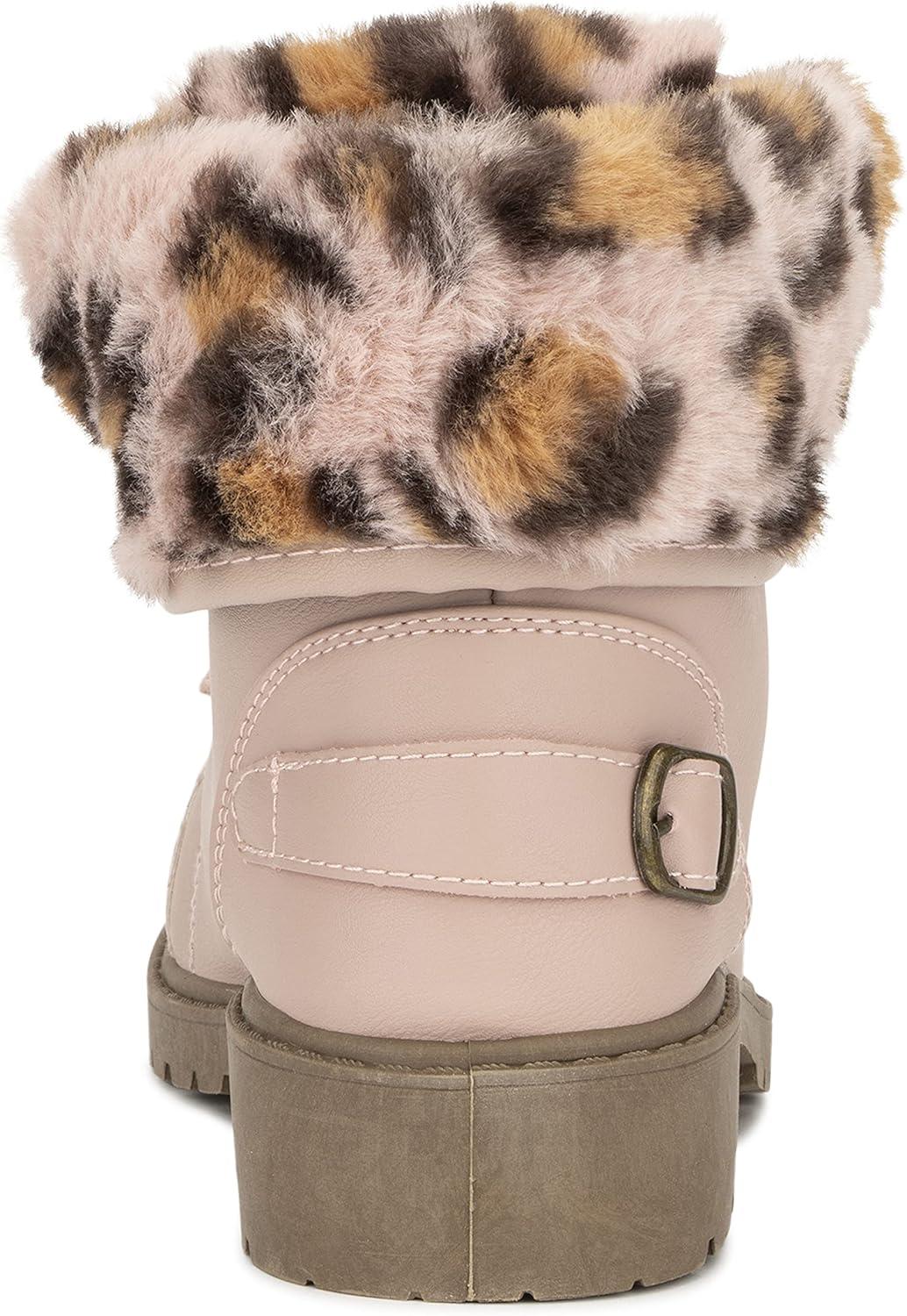 imageOlivia Miller Kids Girl Fashion Shoes Faux PU Leather Fold Over Fur Lined Lug Sole Lace Up Round Toe Winter Snow Casual Classic Chelsea Bootie Ankle Boots