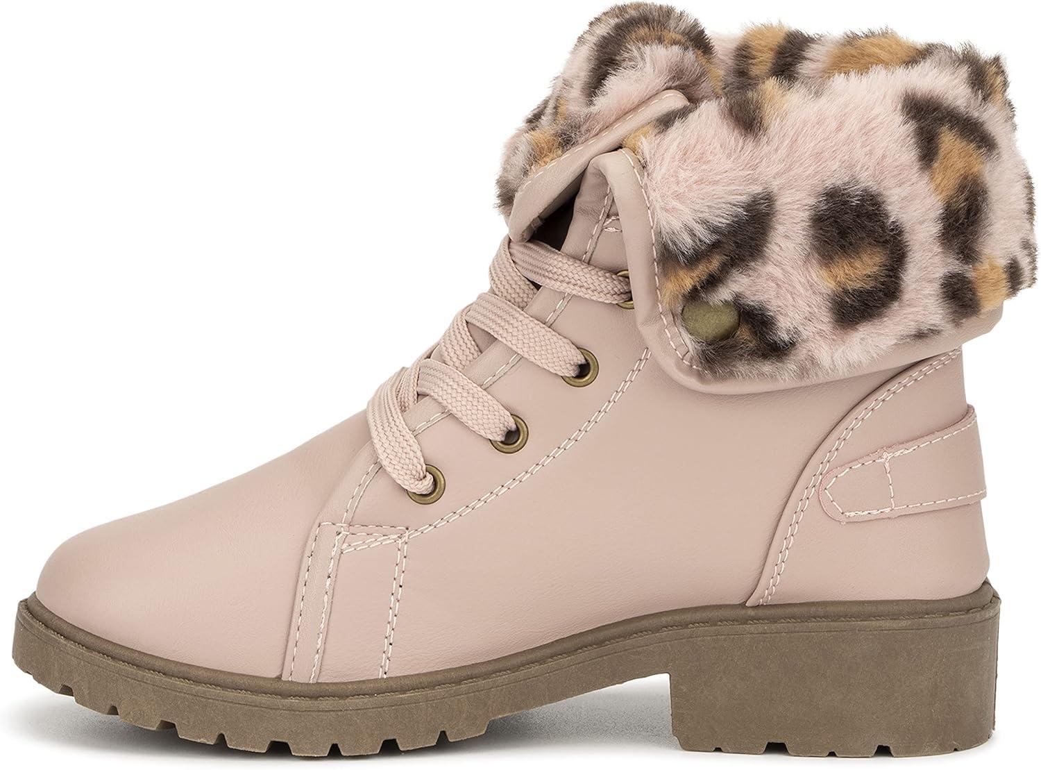 imageOlivia Miller Kids Girl Fashion Shoes Faux PU Leather Fold Over Fur Lined Lug Sole Lace Up Round Toe Winter Snow Casual Classic Chelsea Bootie Ankle Boots