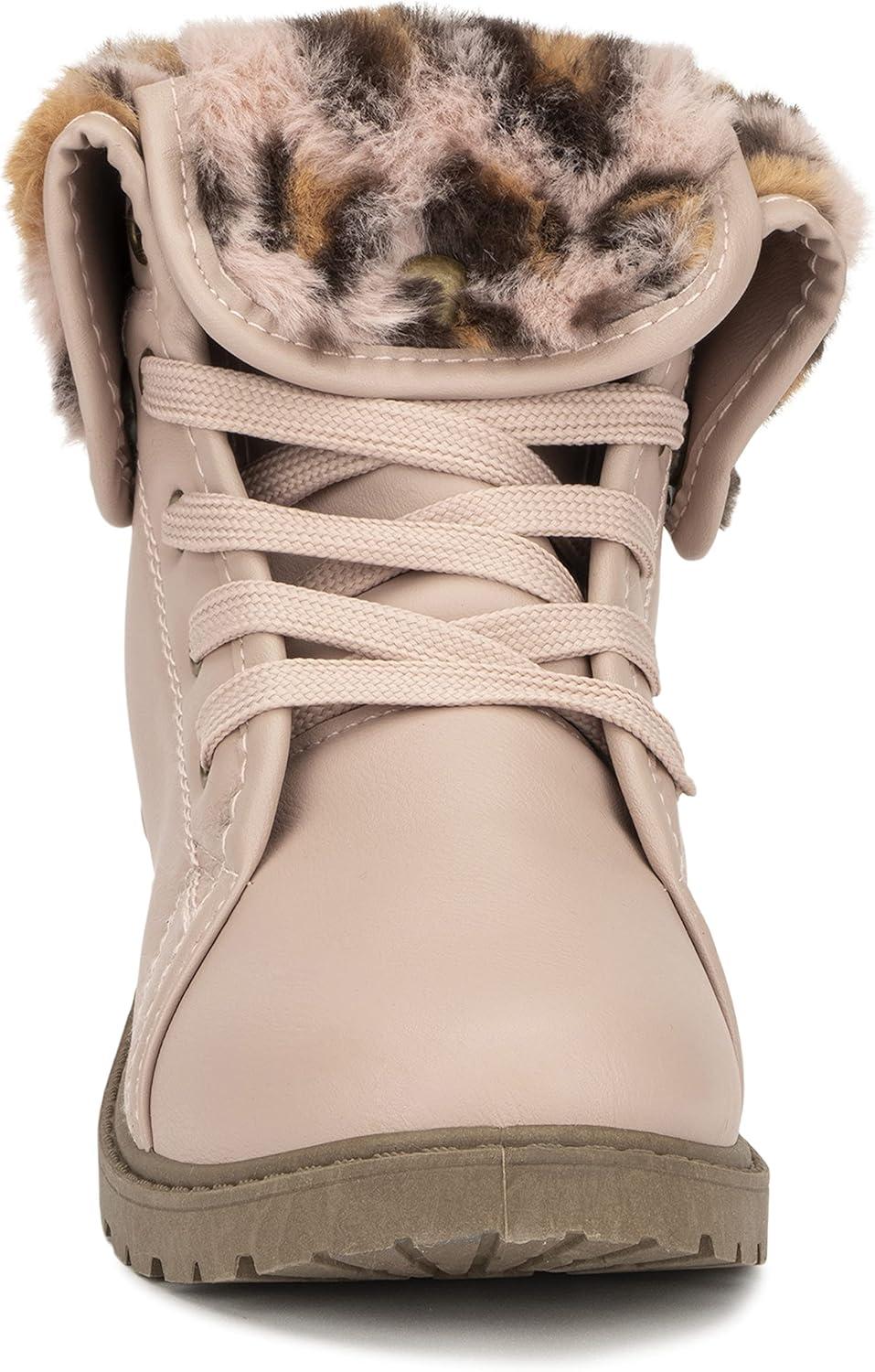 imageOlivia Miller Kids Girl Fashion Shoes Faux PU Leather Fold Over Fur Lined Lug Sole Lace Up Round Toe Winter Snow Casual Classic Chelsea Bootie Ankle Boots