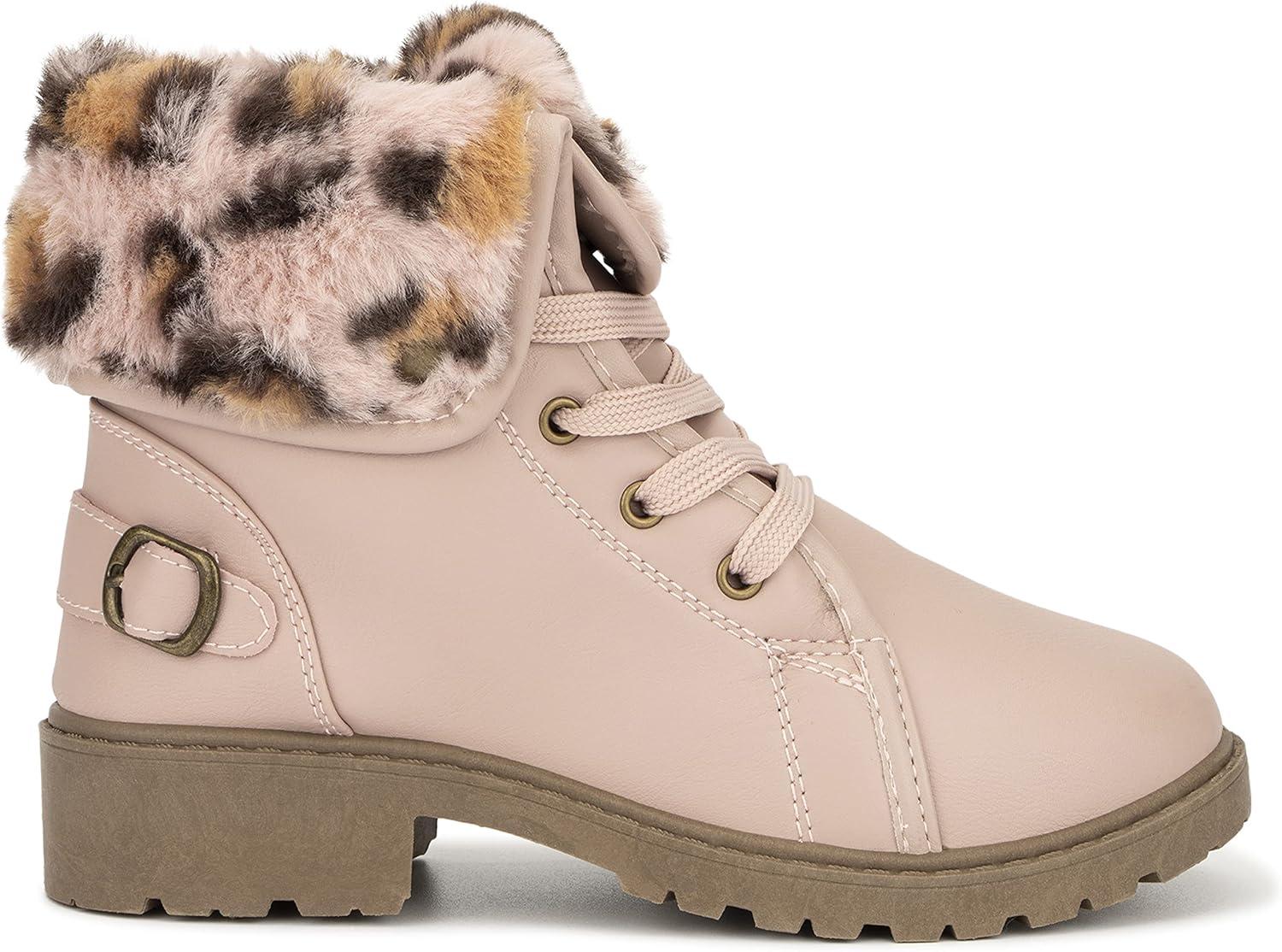 imageOlivia Miller Kids Girl Fashion Shoes Faux PU Leather Fold Over Fur Lined Lug Sole Lace Up Round Toe Winter Snow Casual Classic Chelsea Bootie Ankle Boots