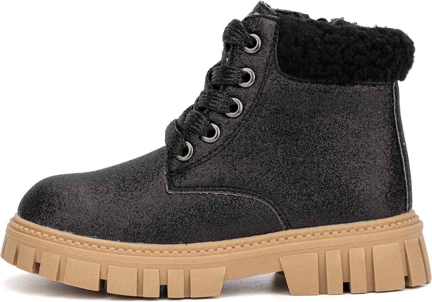 imageOlivia Miller Toddlers Girl Fashion Shoes Candra Glitter Faux PU Leather Lug Sole Chunky Heel Lace Up Round Toe Winter Snow Casual Classic Combat Bootie Ankle Boots