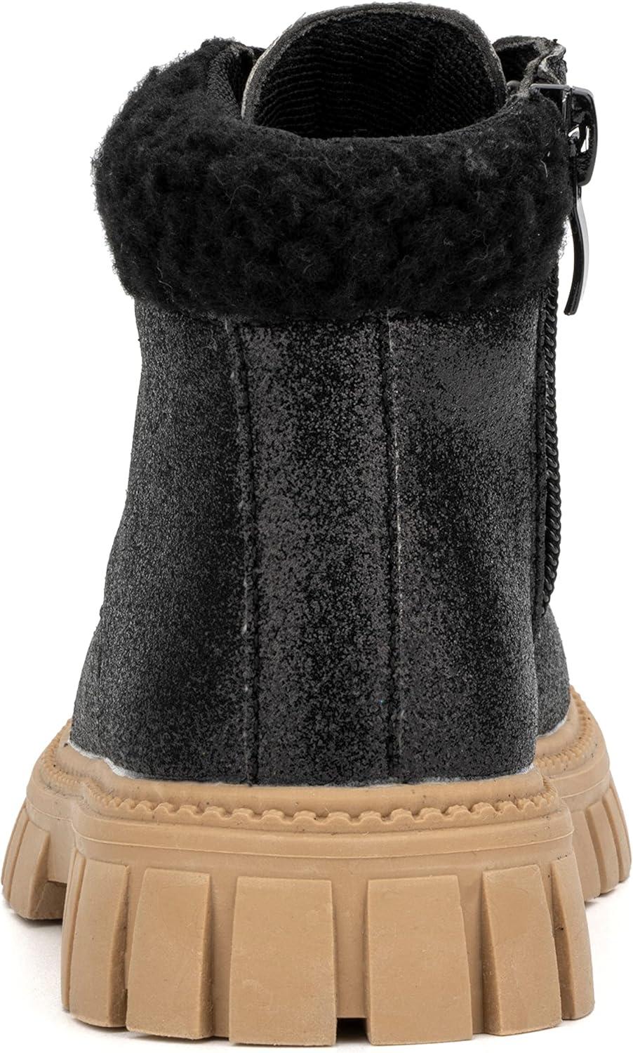 imageOlivia Miller Toddlers Girl Fashion Shoes Candra Glitter Faux PU Leather Lug Sole Chunky Heel Lace Up Round Toe Winter Snow Casual Classic Combat Bootie Ankle Boots