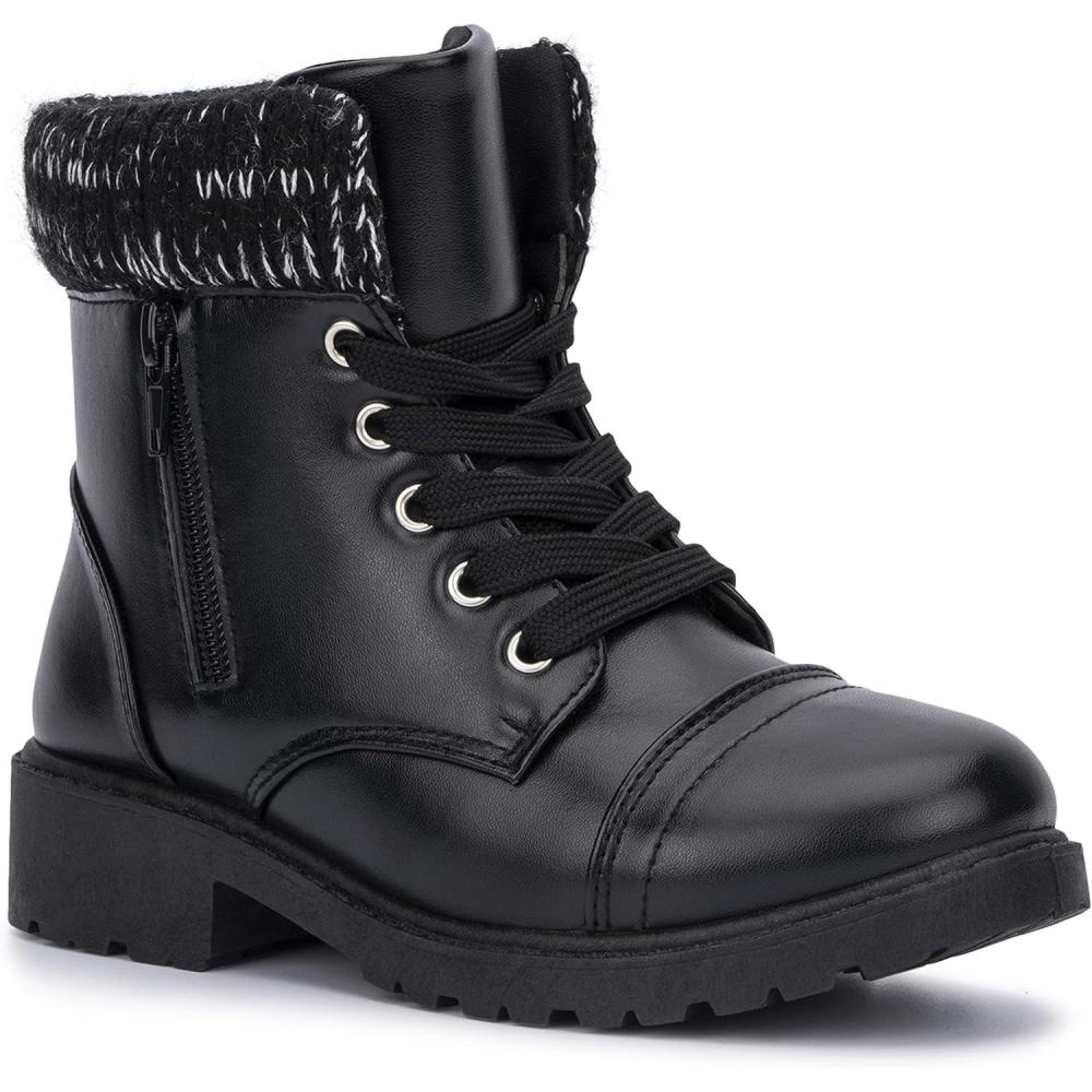 imageOlivia Miller Kids Girl Fashion Shoes Black Faux PU Leather Lug Sole Chunky Heel Lace Up Round Toe Winter Snow Casual Classic Combat Bootie Ankle Boots
