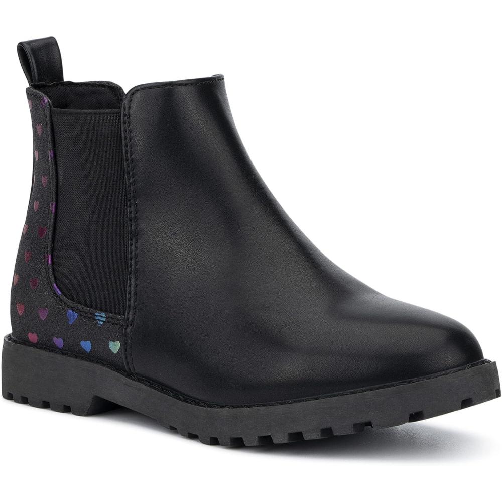 imageOlivia Miller Kids Girl Fashion Shoes Black Faux PU Leather Lug Sole Pull On Round Toe Winter Snow Casual Classic Chelsea Bootie Ankle Boots