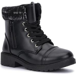Olivia Miller Kid’s Girl Fashion Shoes, Black Faux PU Leather Lug Sole Chunky Heel Lace Up Round Toe Winter Snow Casual Classic Combat Bootie Ankle Boots