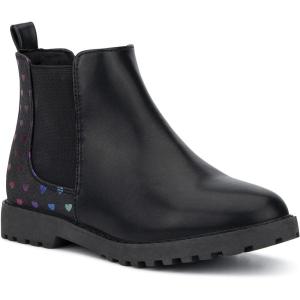 Olivia Miller Kid’s Girl Fashion Shoes, Black Faux PU Leather Lug Sole Pull On Round Toe Winter Snow Casual Classic Chelsea Bootie Ankle Boots