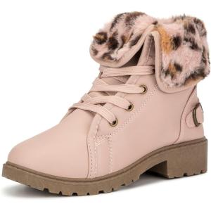 Olivia Miller Kid’s Girl Fashion Shoes, Faux PU Leather Fold Over Fur Lined Lug Sole Lace Up Round Toe Winter Snow Casual Classic Chelsea Bootie Ankle Boots