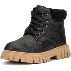 Olivia Miller Toddler’s Girl Fashion Shoes, Candra Glitter Faux PU Leather Lug Sole Chunky Heel Lace Up Round Toe Winter Snow Casual Classic Combat Bootie Ankle Boots